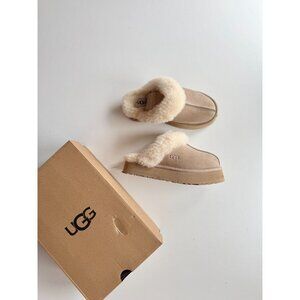 UGG Disquette Sand Beige Suede Shearling Slip On Platform Slippers Slides, Siz 6